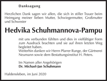 Traueranzeige von Hedvika Schumannova-Pampu  von Magdeburger Volksstimme