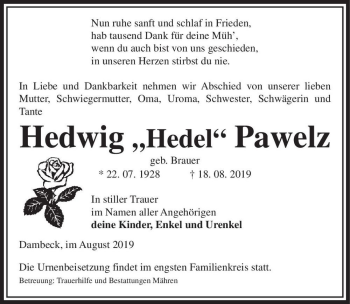 Traueranzeige von Hedwig ,,Hedel