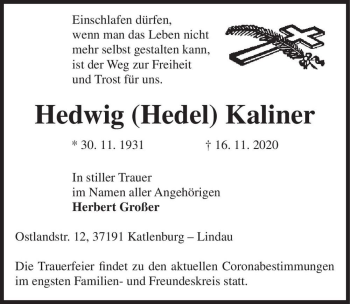 Traueranzeige von Hedwig 