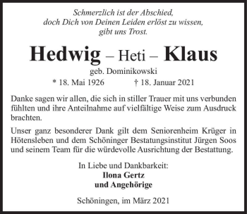 Traueranzeige von Hedwig 
