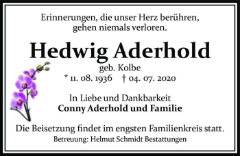 Traueranzeige von Hedwig Aderhold (geb. Kolbe)  von Magdeburger Volksstimme