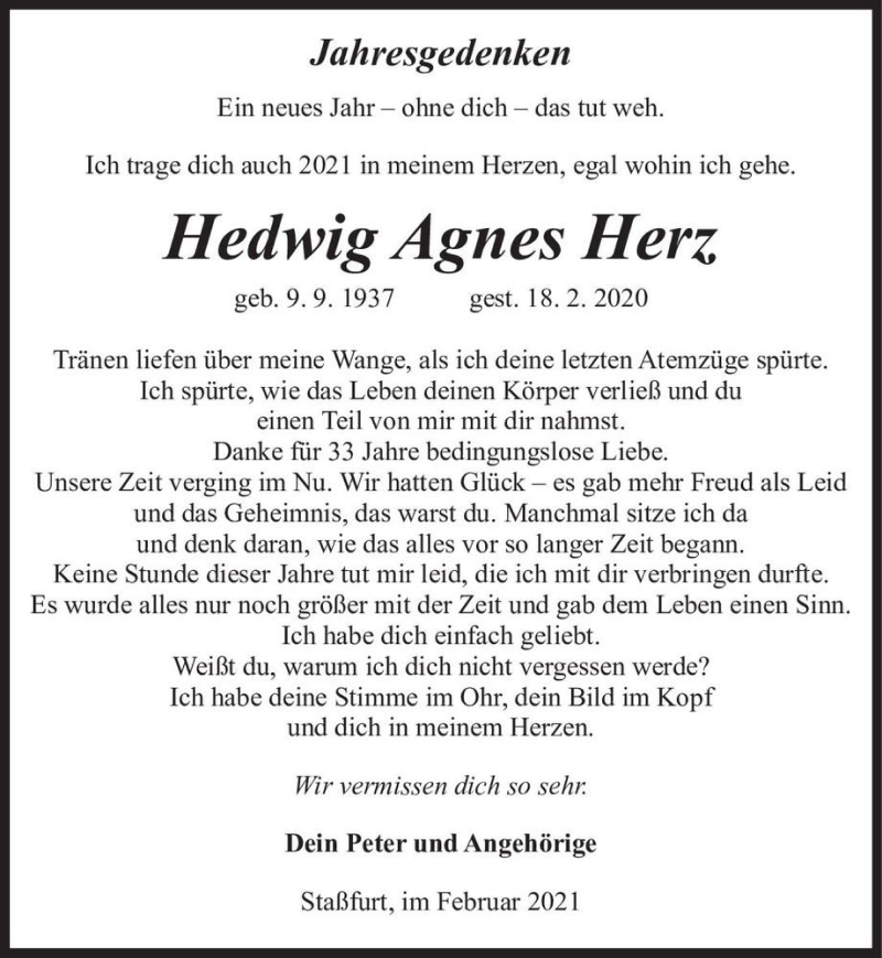  Traueranzeige für Hedwig Agnes Herz  vom 20.02.2021 aus Magdeburger Volksstimme