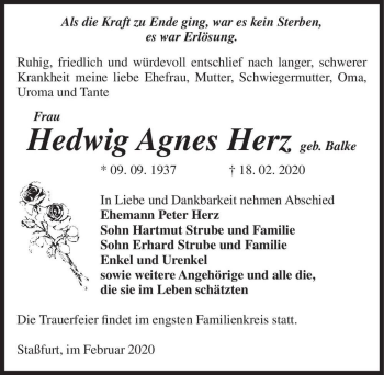 Traueranzeige von Hedwig Agnes Herz (geb. Balke)  von Magdeburger Volksstimme