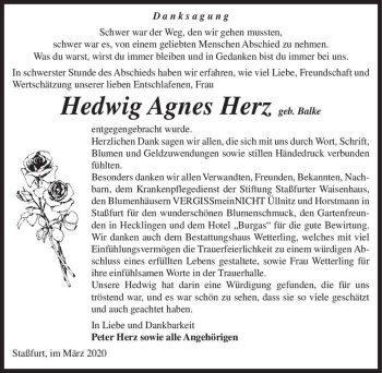 Traueranzeige von Hedwig Agnes Herz (geb. Balke)  von Magdeburger Volksstimme