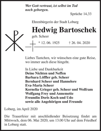 Traueranzeige von Hedwig Bartoschek (geb. Scheer)  von Magdeburger Volksstimme