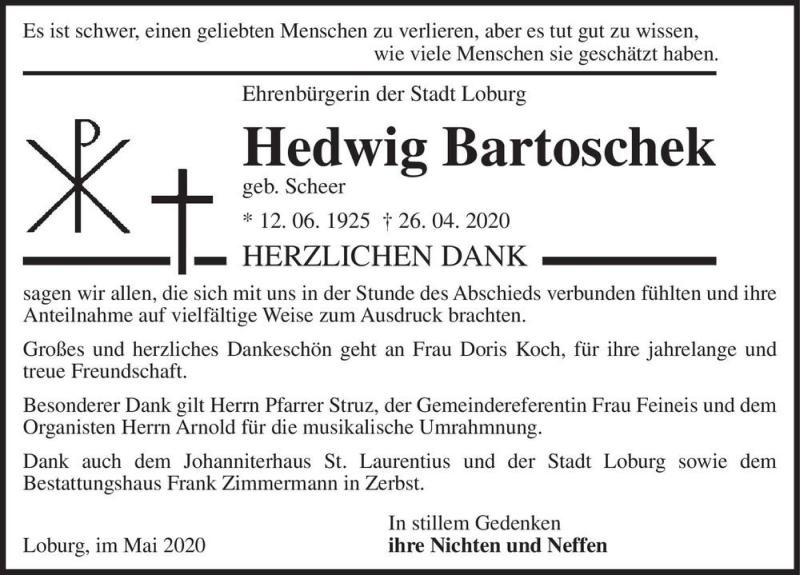  Traueranzeige für Hedwig Bartoschek (geb. Scheer)  vom 23.05.2020 aus Magdeburger Volksstimme
