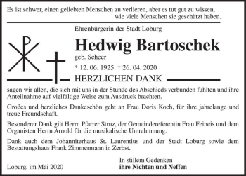 Traueranzeige von Hedwig Bartoschek (geb. Scheer)  von Magdeburger Volksstimme