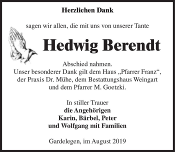 Traueranzeige von Hedwig Berendt  von Magdeburger Volksstimme