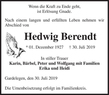 Traueranzeige von Hedwig Berendt  von Magdeburger Volksstimme