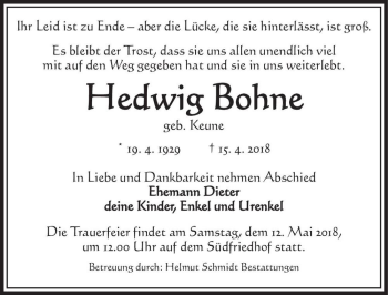 Traueranzeige von Hedwig Bohne (geb. Keune)  von Magdeburger Volksstimme