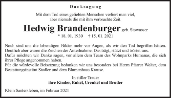 Traueranzeige von Hedwig Brandenburger (geb. Stowasser)  von Magdeburger Volksstimme