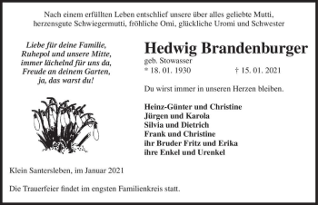 Traueranzeige von Hedwig Brandenburger (geb. Stowasser)  von Magdeburger Volksstimme