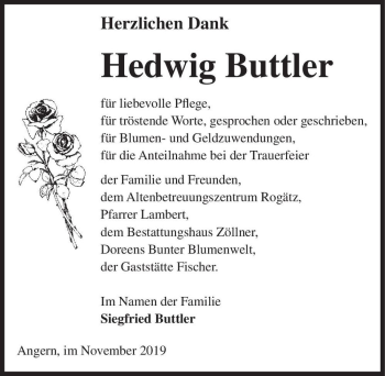 Traueranzeige von Hedwig Buttler  von Magdeburger Volksstimme