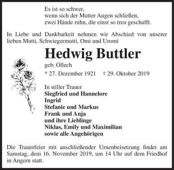 Traueranzeige von Hedwig Buttler (geb. Ollech)  von Magdeburger Volksstimme
