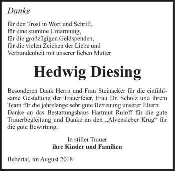 Traueranzeige von Hedwig Diesing  von Magdeburger Volksstimme