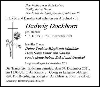 Traueranzeige von Hedwig Dockhorn (geb. Hübner)  von Magdeburger Volksstimme