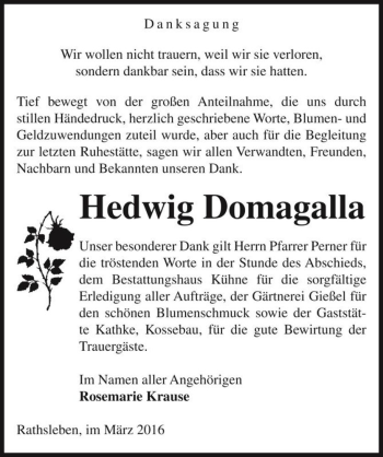 Traueranzeige von Hedwig Domagalla  von Magdeburger Volksstimme