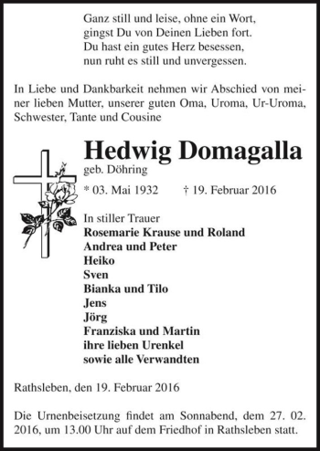 Traueranzeige von Hedwig Domagalla (geb. Döhring)  von Magdeburger Volksstimme