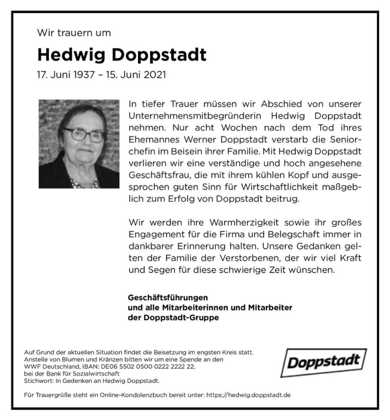  Traueranzeige für Hedwig Doppstadt  vom 03.07.2021 aus Magdeburger Volksstimme
