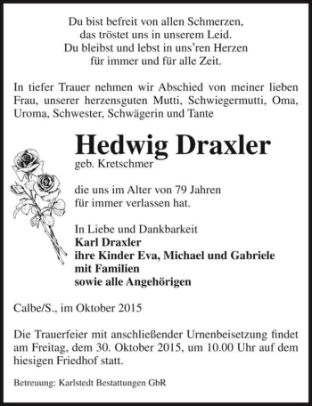 Traueranzeige von Hedwig Draxler (geb. Kretschmer)  von Magdeburger Volksstimme