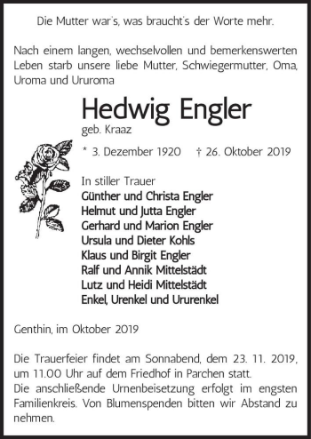 Traueranzeige von Hedwig Engler (geb. Kraaz)  von Magdeburger Volksstimme