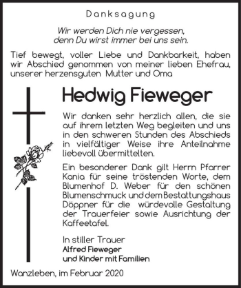 Traueranzeige von Hedwig Fieweger  von Magdeburger Volksstimme