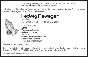 Traueranzeige von Hedwig Fieweger (geb. Kolb)  von Magdeburger Volksstimme