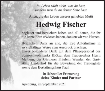 Traueranzeige von Hedwig Fischer  von Magdeburger Volksstimme