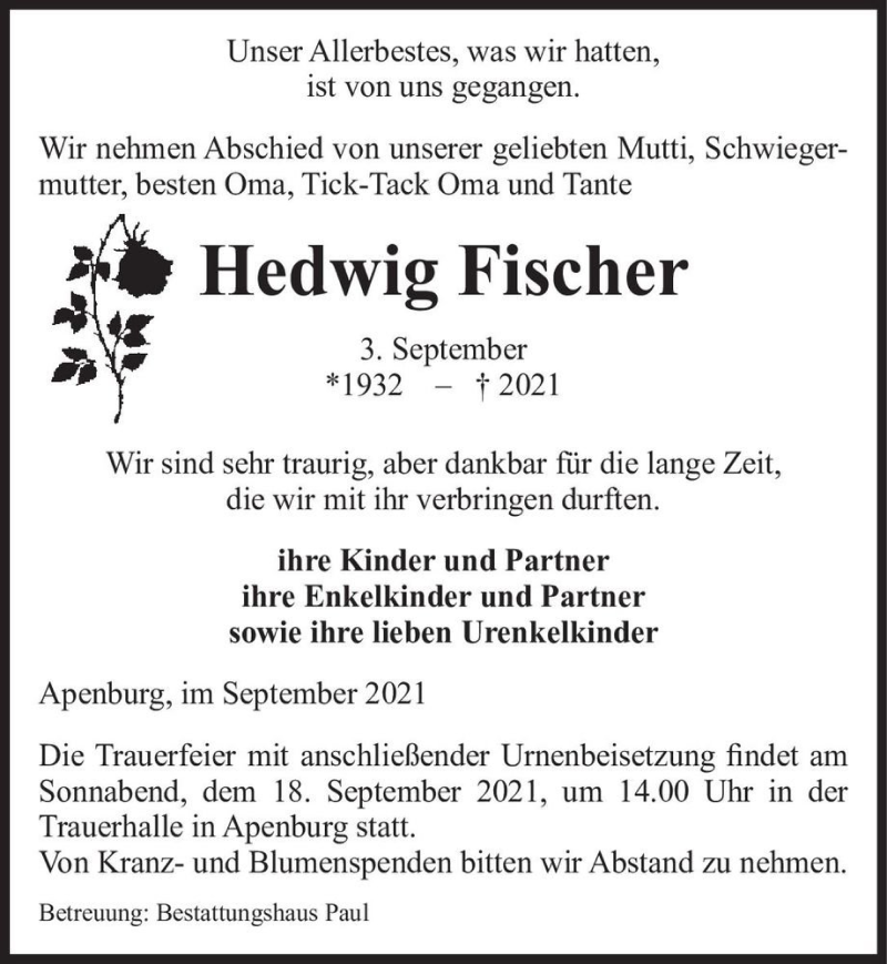 Traueranzeige für Hedwig Fischer  vom 08.09.2021 aus Magdeburger Volksstimme