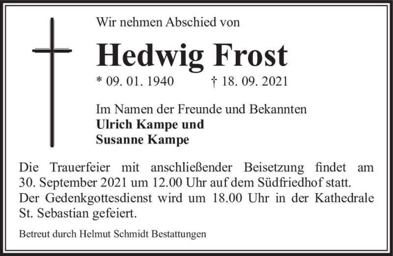  Traueranzeige für Hedwig Frost  vom 25.09.2021 aus Magdeburger Volksstimme