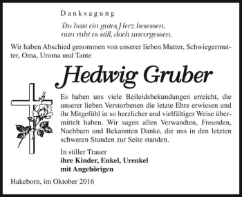 Traueranzeige von Hedwig Gruber  von Magdeburger Volksstimme