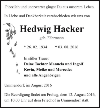 Traueranzeige von Hedwig Hacker (geb. Fährmann)  von Magdeburger Volksstimme