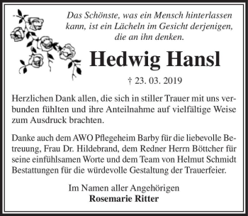 Traueranzeige von Hedwig Hansl  von Magdeburger Volksstimme