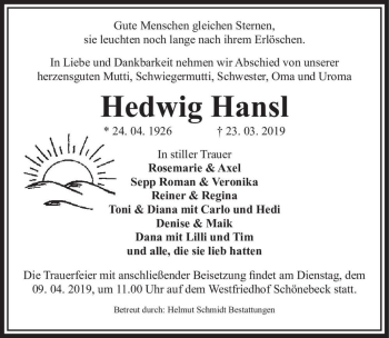 Traueranzeige von Hedwig Hansl  von Magdeburger Volksstimme
