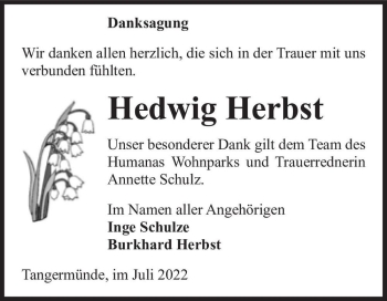 Traueranzeige von Hedwig Herbst  von Magdeburger Volksstimme