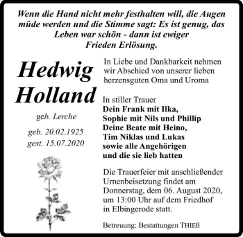 Traueranzeige von Hedwig Holland (geb. Lerche)  von Magdeburger Volksstimme