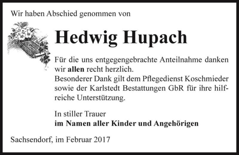  Traueranzeige für Hedwig Hupach  vom 11.02.2017 aus Magdeburger Volksstimme