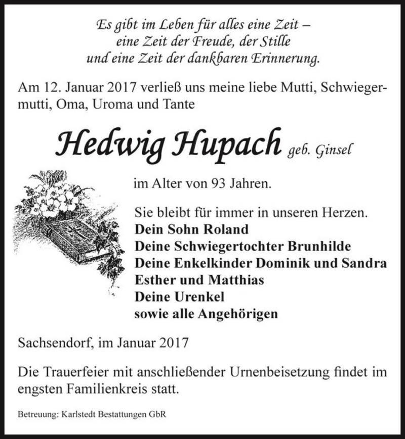  Traueranzeige für Hedwig Hupach (geb. Ginsel)  vom 21.01.2017 aus Magdeburger Volksstimme