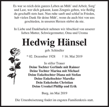 Traueranzeige von Hedwig Hänsel (geb. Schindler)  von Magdeburger Volksstimme