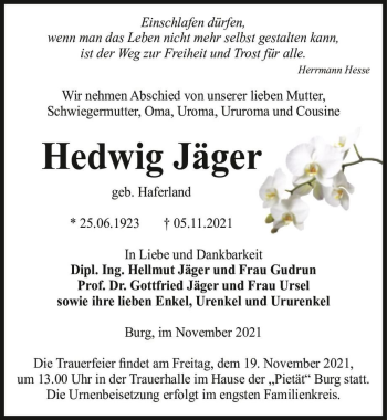 Traueranzeige von Hedwig Jäger (geb. Haferland)  von Magdeburger Volksstimme