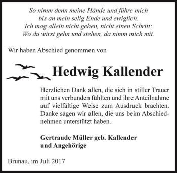 Traueranzeige von Hedwig Kallender  von Magdeburger Volksstimme