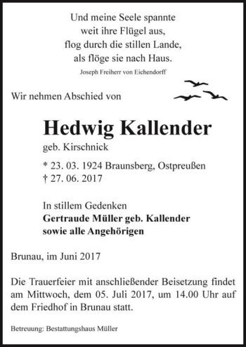 Traueranzeige von Hedwig Kallender (geb. Kirschnick)  von Magdeburger Volksstimme