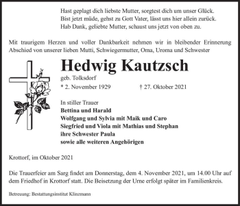 Traueranzeige von Hedwig Kautzsch (geb. Tolksdorf)  von Magdeburger Volksstimme