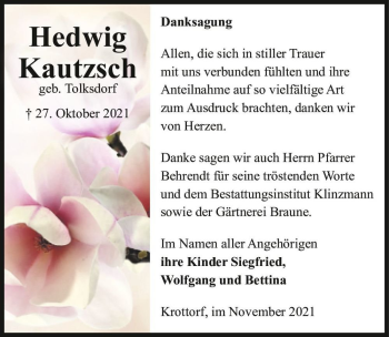 Traueranzeige von Hedwig Kautzsch (geb. Tolksdorf)  von Magdeburger Volksstimme