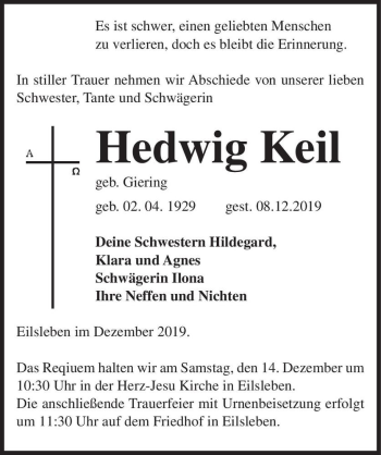 Traueranzeige von Hedwig Keil (geb. Giering)  von Magdeburger Volksstimme
