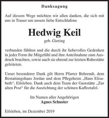 Traueranzeige von Hedwig Keil (geb. Giering)  von Magdeburger Volksstimme