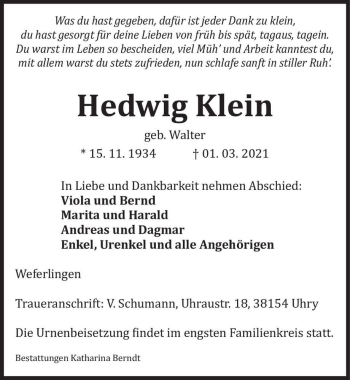 Traueranzeige von Hedwig Klein (geb. Walter)  von Magdeburger Volksstimme