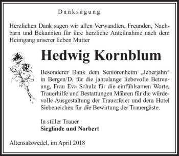 Traueranzeige von Hedwig Kornblum  von Magdeburger Volksstimme