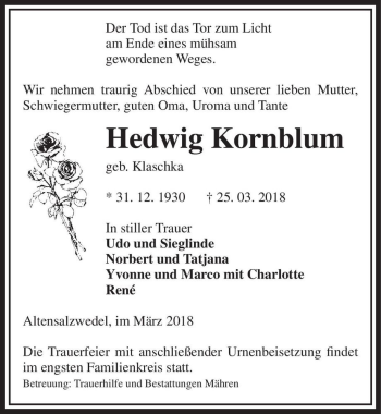 Traueranzeige von Hedwig Kornblum (geb. Klaschka)  von Magdeburger Volksstimme