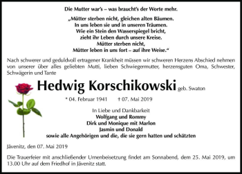 Traueranzeige von Hedwig Korschikowski (geb. Swaton)  von Magdeburger Volksstimme